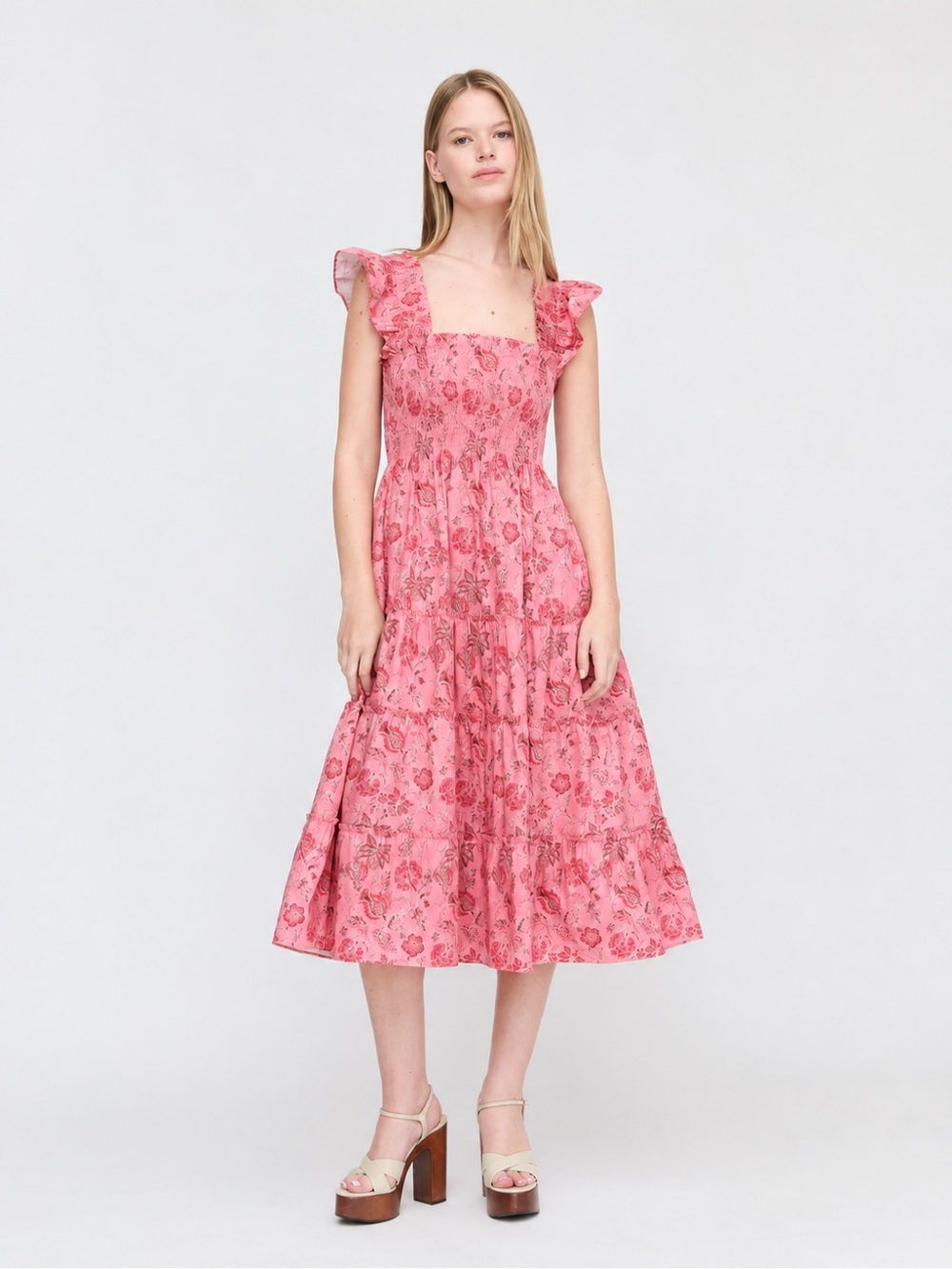 Hill House Ellie Dress - Pink Floral Tiered Midi Dress